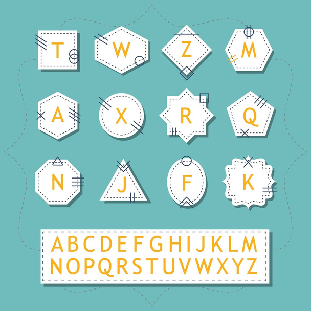 silhueta branca formas básicas rótulos e adesivos com linha tracejada e letras alfabéticas laranja definido na moda azul fundo verde
 - Vetor, Imagem