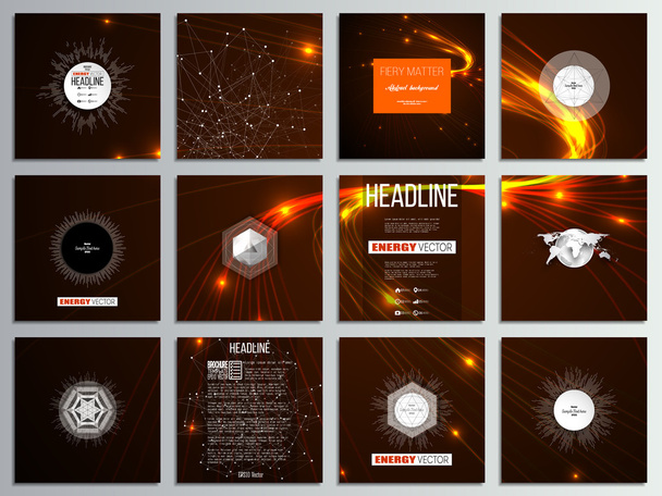 Set of 12 creative cards, square brochure template design. Abstract lines background, dynamic glowing decoration, motion design, energy style vector illustration - Vecteur, image