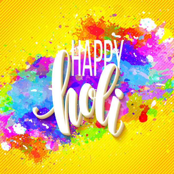 Feliz festival Holi de cores cumprimentando fundo com coloridas nuvens de tinta em pó Holi e amostra de texto. Ilustração vetorial
 - Vetor, Imagem