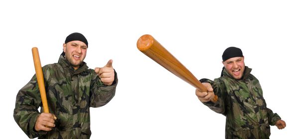 Soldier with baseball bat on white - Photo, Image