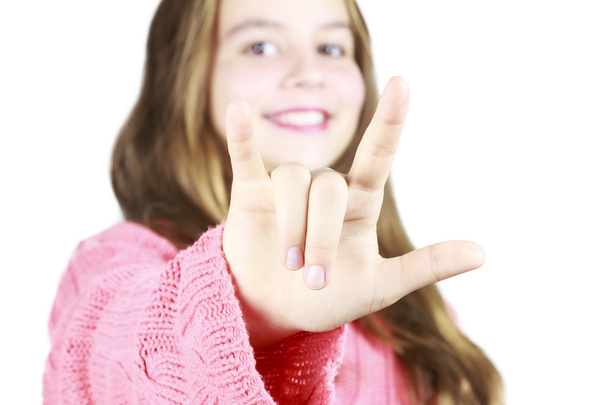 Молодая девушка с языком жестов
 - Фото, изображение
