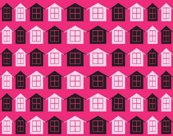 Simpel pattern of the houses. Houses pink black background. For cards, invitations, wedding or baby shower albums, backgrounds. - Vector, Image