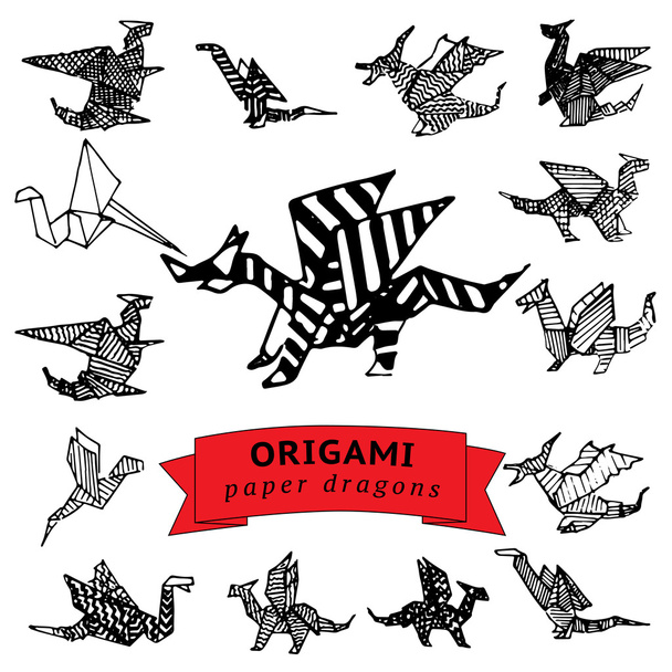 Sketched origami dragons - Vektor, obrázek