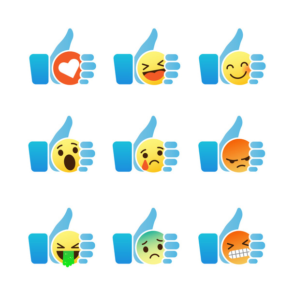 Set of Emoticons, thumb up symbol with Emoji smiley faces, vector illustration. - Vettoriali, immagini