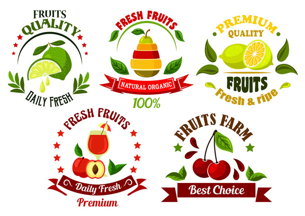 Organic food emblems with fresh fruits and juice - Vector, Image