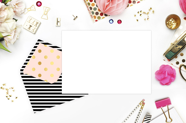 Header website or Hero website, Table view office items, white background mock up, woman desk. Polka gold pattern and black stripe - Photo, Image