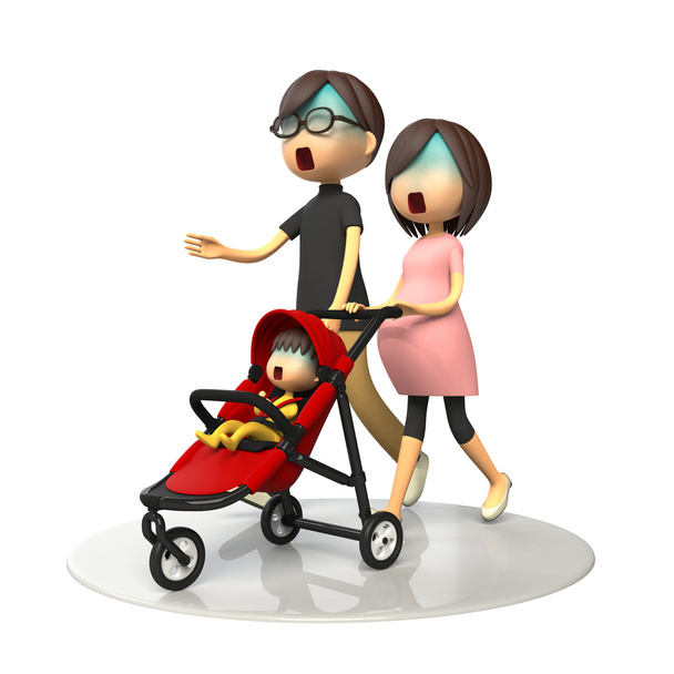 親が赤ん坊を乗せた乳母車を歩いて - 写真・画像