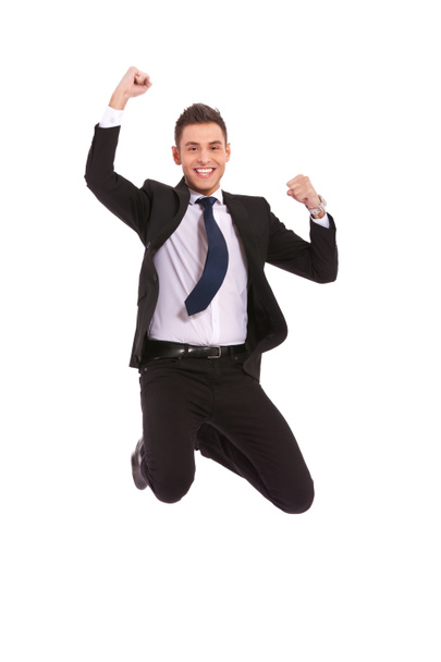 Erittäin innoissaan liikemies hyppääminen
 - Valokuva, kuva