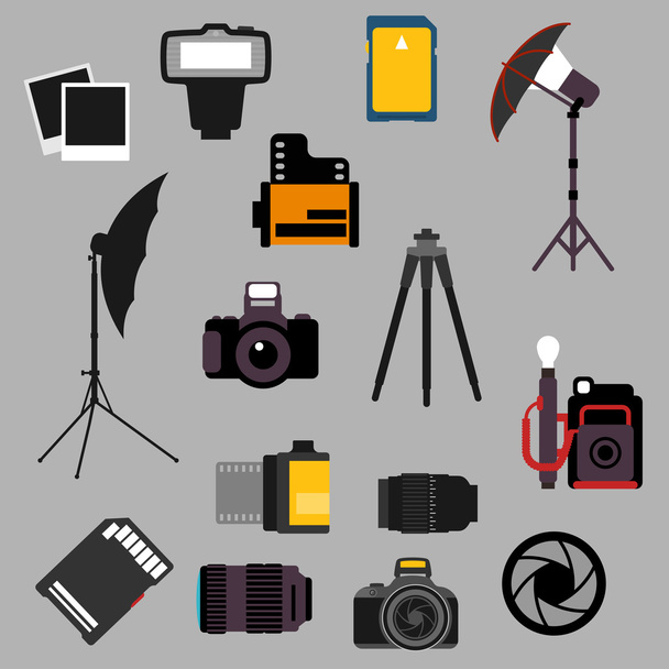 Fotoausrüstung und Geräte flache Symbole - Vektor, Bild