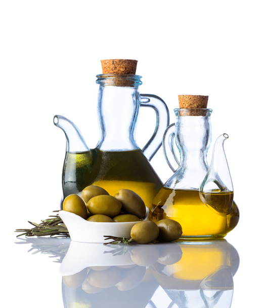 Olive Oil and Olives on White Background - Фото, зображення