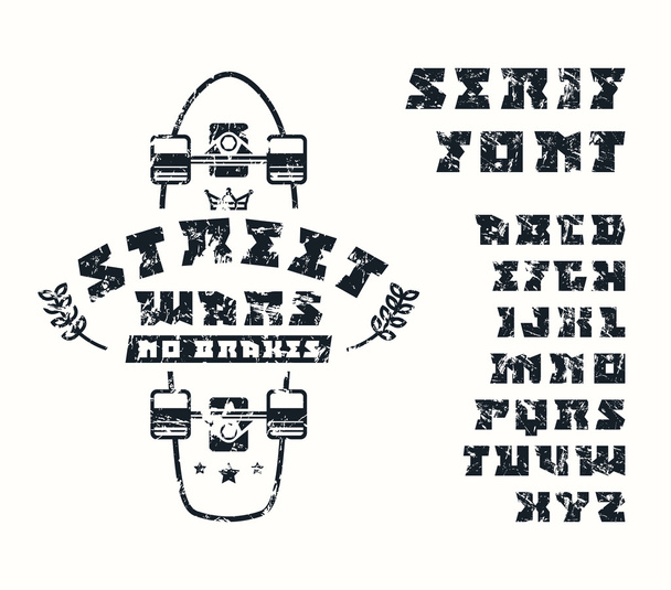 Vierkante serif lettertype en longboard embleem  - Vector, afbeelding