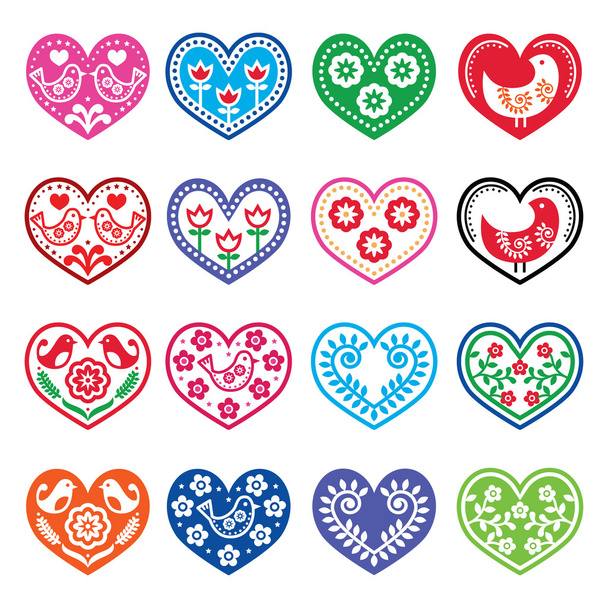 Folk art hearts with flowers and birds icons set - Vector, Image