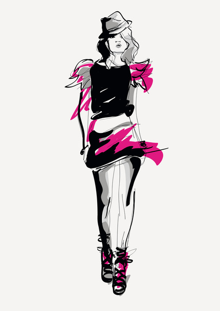 Fashion girl in sketch-style. - Vector, Image