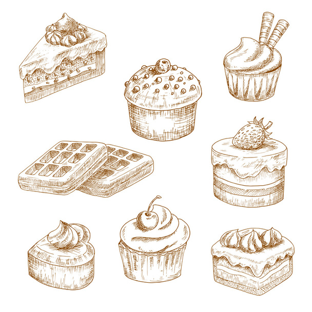 Delicious bakery and pastries sketches - Vektör, Görsel