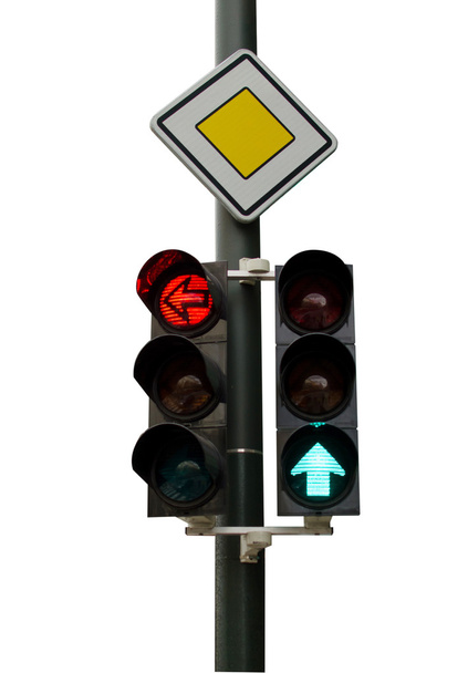 Trafik ışıkları kırmızı ve yeşil işaretçi ve trafik işaretleri "Mai - Fotoğraf, Görsel