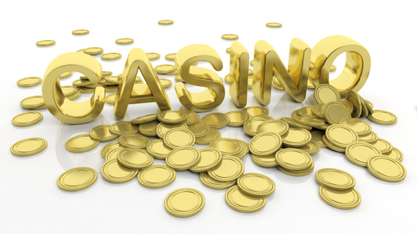 Stapel van gouden munten en woord Casino, geïsoleerd op witte achtergrond. - Foto, afbeelding