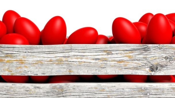 Červeně malované velikonoční vajíčka v dřevěném obalu, izolovaných na bílém. - Fotografie, Obrázek