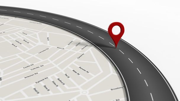 Karte mit Zoom auf Straße mit Abzweigung und großem roten Zeiger, isoliert auf weißem Hintergrund. - Foto, Bild