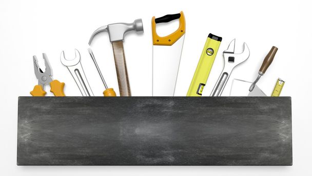 Various hand tools with blank blackboard sign for text, isolated on white background - Photo, Image