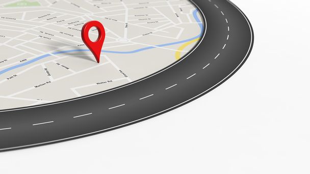Mapa con zoom en carretera con giro y gran puntero rojo, aislado en blanco con espacio de copia
 - Foto, Imagen