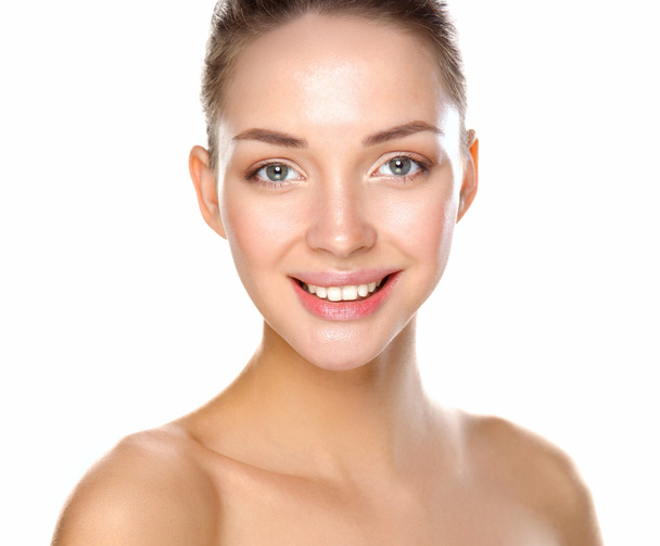 Close up portrait of beautiful young woman face. Isolated on white background. - 写真・画像