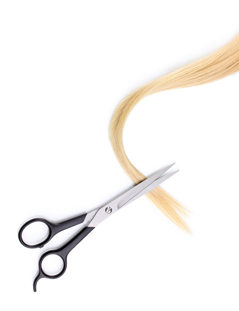 Shiny blond hair and hair cutting shears isolated on white - 写真・画像