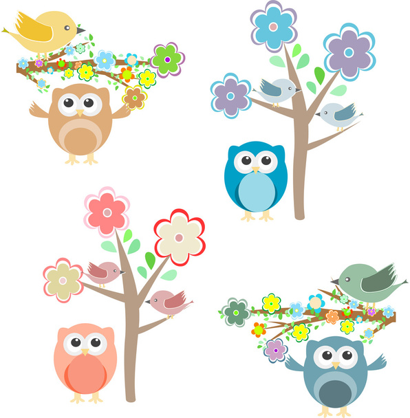Blooming tree and branches with sitting owls and birds - Вектор, зображення