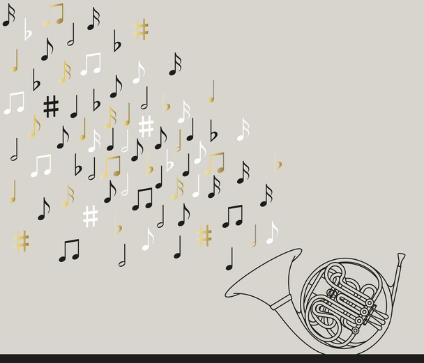 Musical concept.  French horn with notes. Abstract design. Black, gold and white colors. Vector illustration. - Διάνυσμα, εικόνα