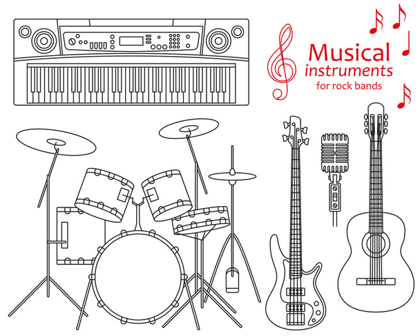 Set of line icons. Musical instruments for rock bands. Info graphic elements. Simple design. Good for coloring books. Vector illustration - Wektor, obraz
