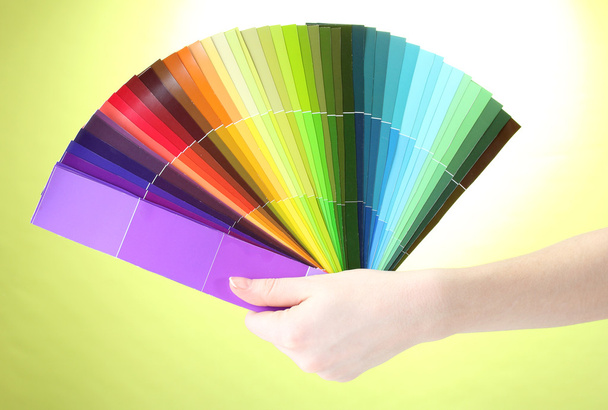 Hand holding bright palette of colors on green background - Photo, Image