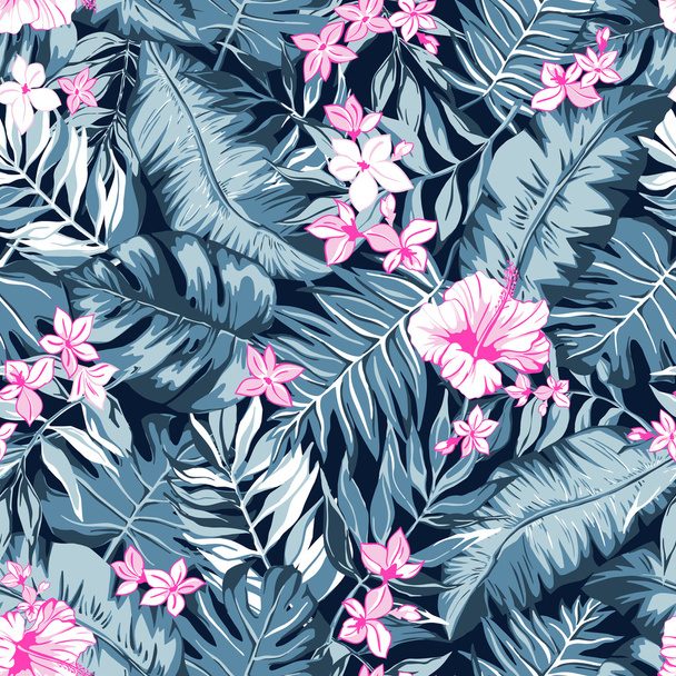 vector seamless bright gray and pink graphical tropical pattern with leaves, flowers - Vektor, obrázek