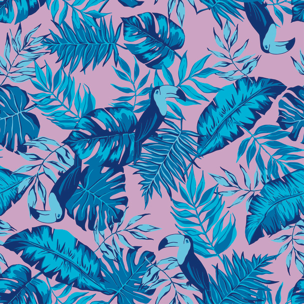 vector seamless bright graphical tropical pattern with leaves, toucan bird - ベクター画像