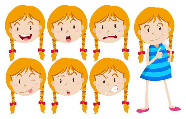 Κορίτσι με τα ξανθά μαλλιά, με πολλές εκφράσεις του προσώπου - Διάνυσμα, εικόνα