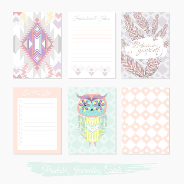 Printable cute set of filler cards with aztec pattern, owl - Vector, Image