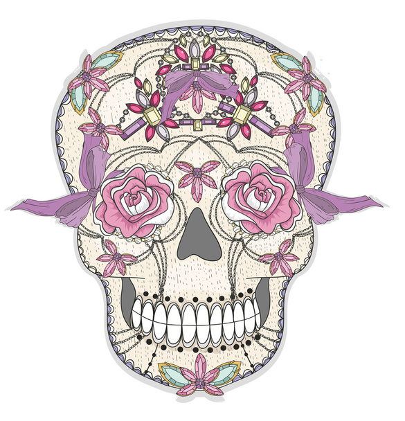 Aranyos mexikói koponya. Színes koponya, virág, gem szívek - Vektor, kép