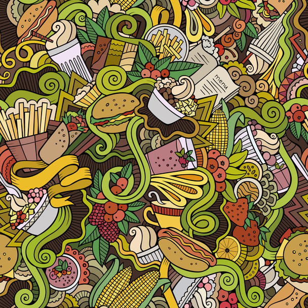 Cartoon hand-drawn doodles on the subject of fast food seamless pattern - Vector, Image
