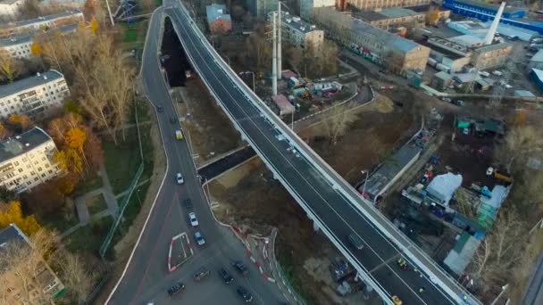 Moscow. Urban Scape With Traffic on Interchange Railroad. Street, Road, Cars. Aerial View. Autumn, Spring, Day - Filmati, video