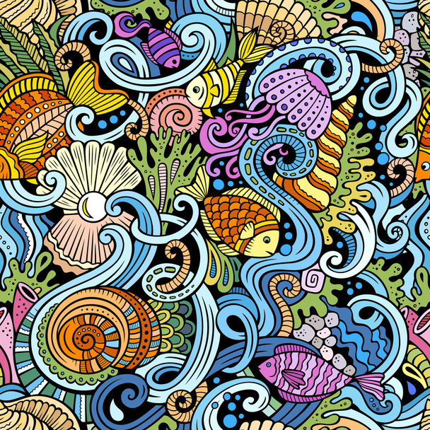 Cartoon doodles under water life seamless pattern - Vettoriali, immagini