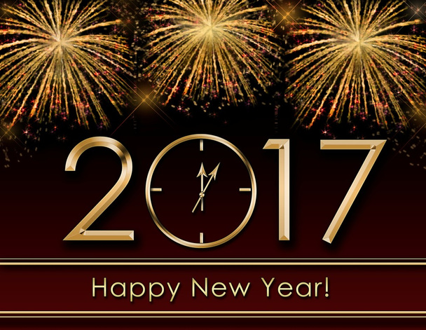 2017 Feliz Año Nuevo fondo con fuegos artificiales y reloj de oro
 - Foto, imagen
