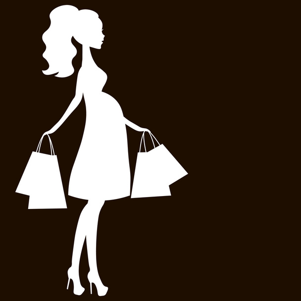 Векторна ілюстрація сучасної вагітної матусі, жінка робить покупки в інтернет-магазині, логотип, силует, стилізований символ матері, значок продажу білий на чорному тлі
 - Вектор, зображення