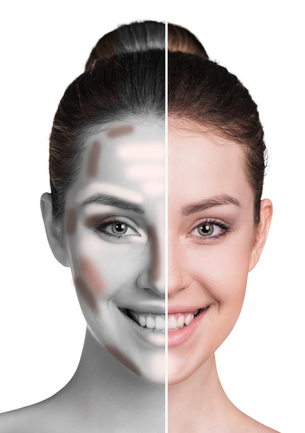 Twarz kobiety przed i po makijażu. - Zdjęcie, obraz