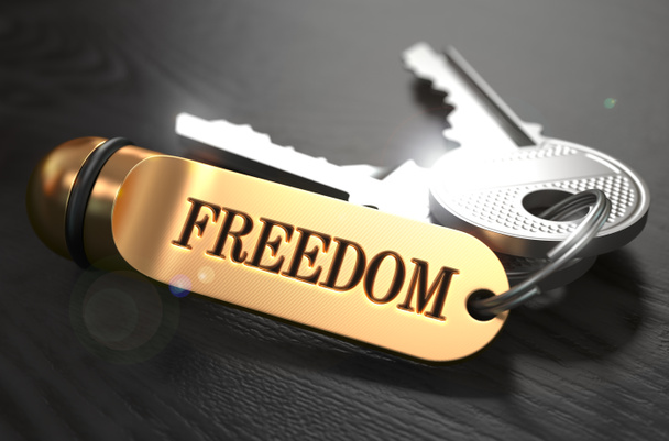 Keys to Freedom. Concept on Golden Keychain. - Zdjęcie, obraz