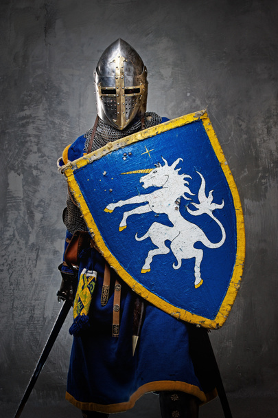 Medieval knight on grey background. - Photo, Image