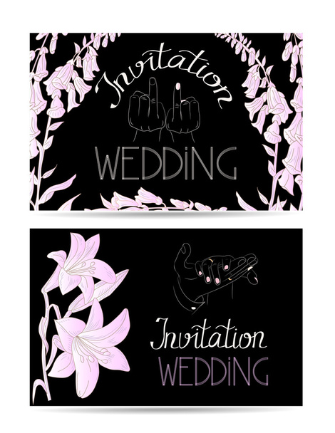 Προσκλητήρια γάμου με το χέρι συντάσσονται νύφη και τα χέρια του γαμπρού και λουλούδια - Διάνυσμα, εικόνα