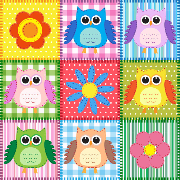 Patchwork background with owls - Vector, afbeelding