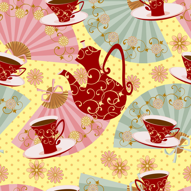 Бесшовный узор с чайником, чашки чая и розовые цветы
. - Вектор,изображение
