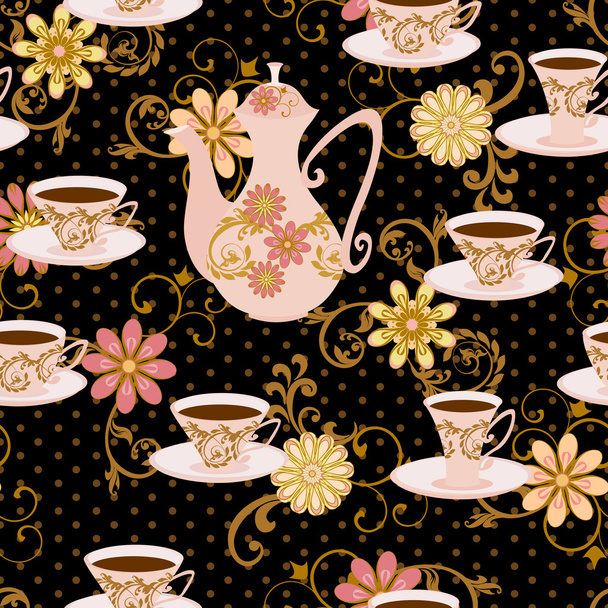 Seamless pattern with teapot, tea cups and flowers. - Vector, Image