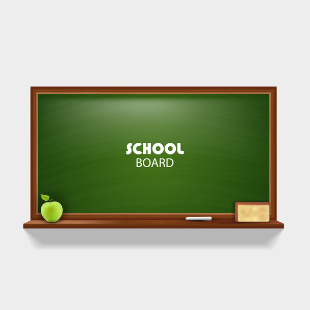 Blackboard with green apple, chalk and sponge - Vector, Imagen