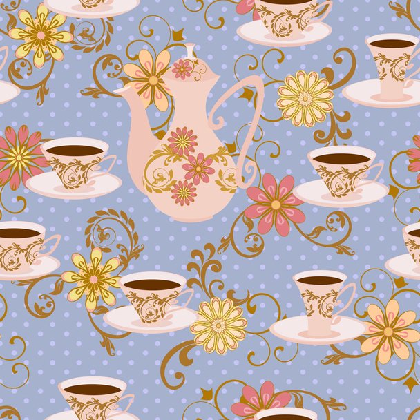 Seamless pattern with teapot, tea cups and flowers. - Vector, imagen