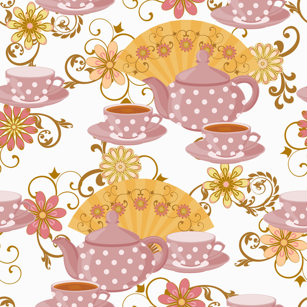 The teapot in polka dot and Cup with a drink. - Vector, imagen